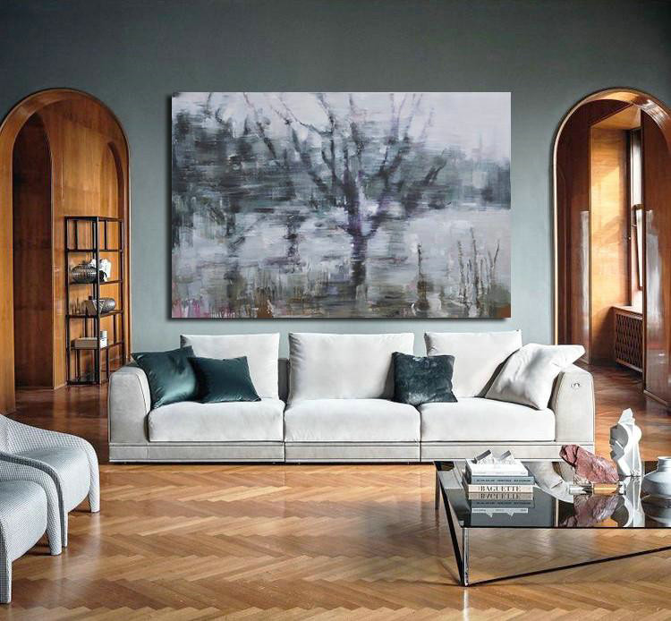 Extra Large Acrylic Painting On Canvas,Horizontal Abstract Landscape Oil Painting On Canvas,Modern Paintings,White,Dark Green,Purple,Black